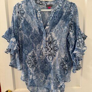 Vince Camuto Blouse Womens Small Blue Floral Chiffon Flutter Sleeve Sheer Top